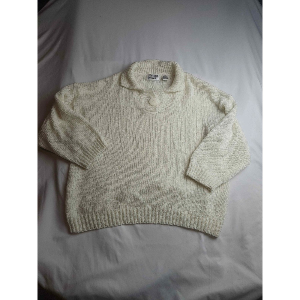 Bristol Court Womens Vintage Cream Knit Polo Sweater Large White Button Collar
